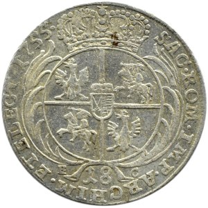 August III Sas, ort (18 groszy) 1755 EC, Lipsk odmiana z kropka po dacie