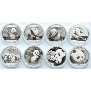 Chiny, lot 10 yuan 2013-2020, Panda, 8 sztuk - inne roczniki, UNC