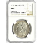 Polska, II RP, Józef Piłsudski, 10 złotych 1939, Warszawa, NGC MS61