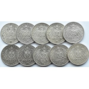 Niemcy, Prusy, Wilhelm II, lot monet 3 marki 1908-1912 A, Berlin
