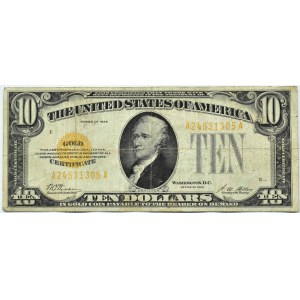USA, 10 dolarów 1928, seria A, GOLD CERTYFIKAT - żółta pieczęć