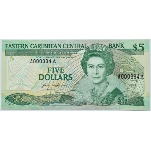 Wschodnie Karaiby, Elżbieta II, 5 dolarów 1988, seria A, niski numer, UNC