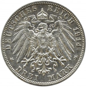 Niemcy, Wirtembergia, Wilhelm II, 3 marki 1914 F, Stuttgart, UNC