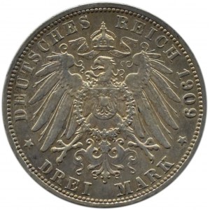 Niemcy, Badenia, Fryderyk II, 3 marki 1909 G, Karlsruhe