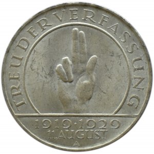 Niemcy, Republika Weimarska, 3 marki 1929 A, Berlin, Przysięga Hindenburga, UNC