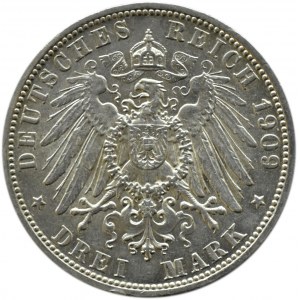 Niemcy, Bawaria, Otto, 3 marki 1909 D, Monachium, PIĘKNE!