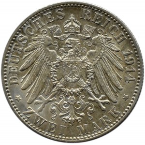 Niemcy, Wirtembergia, Wilhelm II, 2 marki 1914 F, Stuttgart, UNC