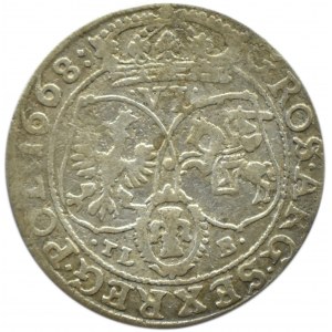 Jan II Kazimierz, szóstak 1668 TLB, Bydgoszcz, kropka pomiędzy tarczami