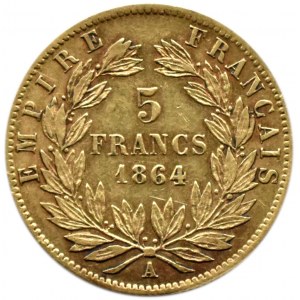 Francja, Napoleon III, 5 franków 1864 A, Paryż, rzadkie
