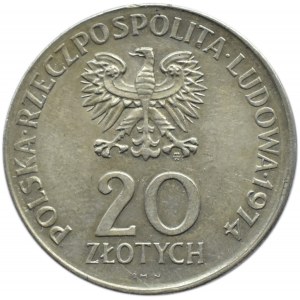 Polska, PRL, 20 złotych 1974, XXX lat RWPG, destrukt - brak ząbkowania rantu