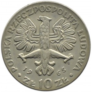 Polska, PRL, 10 złotych 1965, Nike, nierówny krążek, częściowy brak ząbkowania