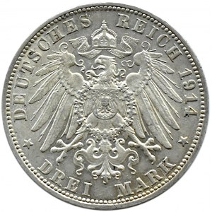 Niemcy, Wirtembergia, Wilhelm II, 3 marki 1914 F, Stuttgart, UNC