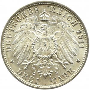 Niemcy, Wirtembergia, Wilhelm i Charlotte, 3 marki 1911 F, Stuttgart, REWELACYJNE