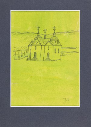 Nowosielski Jerzy, Cerkiew murowana na zielonym tle / na odwrocie szkic wsi z drewnianą cerkwią zrębową