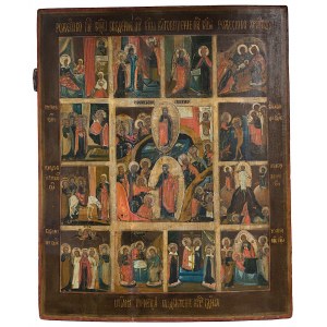 Ikona - Zmartwychwstanie Chrystusa i 12 świąt cerkiewnych, Rosją, ok. poł. XIX w.