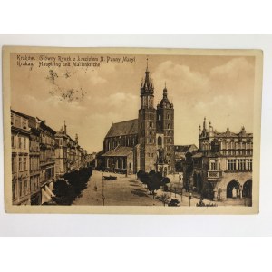 Karta pocztowa Kraków. Główny Rynek z kościołem N. Panny Maryi - Krakau. Hauptring und Marienkirche, wyd. J. K. Kraków 1914,