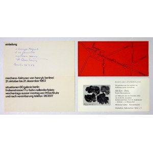 [BERLEWI H.]. Zaproszenie na wystawę Mechano-Fakturen. 1963. Z dedykacją artysty.