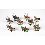 [RYCERZE na koniach]. Zbiór 8 metalowych malowanych figurek rycerzy w zbrojach, na koniach,...