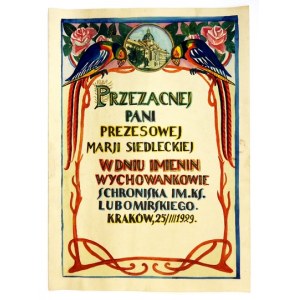 [KRAKOW]. Decorative handmade diploma for Maria Siedlecka, with a view of the building of the Fr.... Shelter.