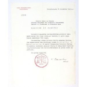 [WOJTYŁA Karol]. Podpis kard. Karola Wojtyły pod maszynopisowym listem urzędowym (po łacinie)...