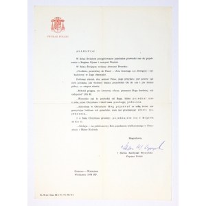[WYSZYŃSKI Stefan]. Unterschrift des Primas von Polen Stefan Wyszyński unter dem gedruckten Segen für die Osterzeit,...