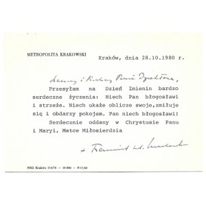 [MACHARSKI Franciszek]. Handwritten signature of Cardinal Franciszek Macharski on a printed card with greetings and blessings....