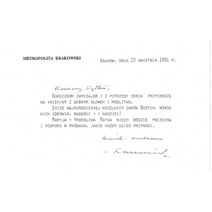 [MACHARSKI Franciszek]. Odręczny podpis kardynała Franciszka Macharskiego na drukowanej karcie z życzeniami,...