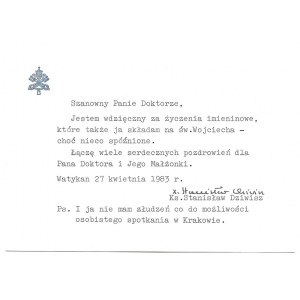 [DZIWISZ Stanislaw]. Handwritten signature of Rev. Stanislaw Dziwisz, then secretary to Pope John Paul II, on a typed card,...