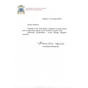 [DZIWISZ Stanislaw]. Handwritten signature of Archbishop Stanislaw Dziwisz under a short letter, dat....