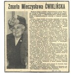 [ĆWIKLIŃSKA Mieczysława]. Odręczny podpis aktorki na arkuszu kremowego papieru, dat....