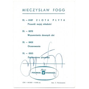 [FOGG Mieczysław]. Podpis piosenkarza na karcie reklamującej jego płyty wydane przez Polskie Nagrania.