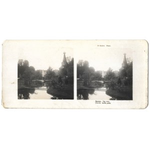 [KRAKÓW - Planty - fotografia widokowa]. 1906. Fotografia stereoskopowa form. 6,4x6,8 cm razy 2 na podkładzie form....