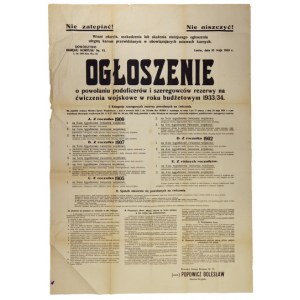 OGŁOSZENIE o powołaniu podoficerów i szeregowców rezerwy na ćwiczenia wojskowe w roku budżetowym 1933/34 [...]....