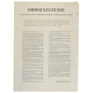 OBWIESZCZENIE o wprowadzeniu stanu wojennego ze względu na bezpieczeństwo państwa [...]. [Warszawa, 13 XII 1981]. [...