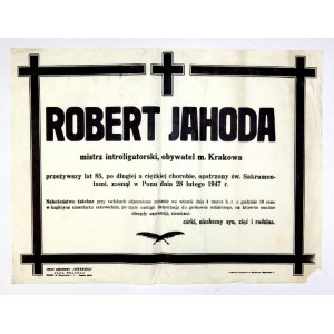 [JAHODA Robert, klepsydra]. Klepsydra zawiadamiająca o śmierci Roberta Jahody: Robert Jahoda,...