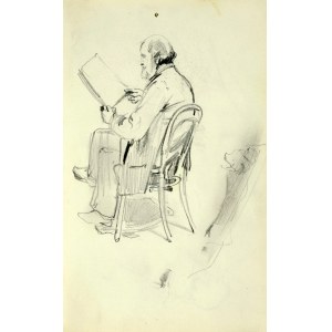 Stanisław Kaczor Batowski (1866-1945), Stary mężczyzna z brodą siedzący na krześle patrzący na trzymany przed sobą plik arkuszy papieru.