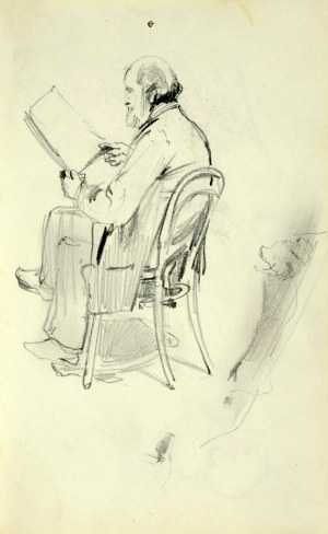 Stanisław Kaczor Batowski (1866-1945), Stary mężczyzna z brodą siedzący na krześle patrzący na trzymany przed sobą plik arkuszy papieru.