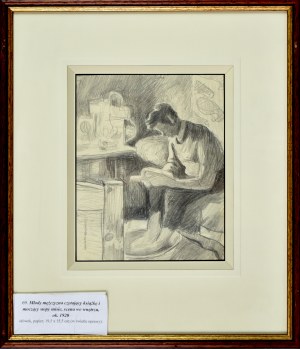 Stanisław Kamocki (1875-1944), Młody mężczyzna czytający książkę i moczący stopy w misie (scena we wnętrzu), ok. 1920