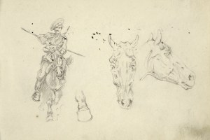 Tadeusz Rybkowski (1848-1926), Szkic jeźdźca, głów końskich i kopyta końskiego