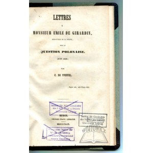 PFEFFEL Christian Frederic, Lettres a Monsieur Emile de Girardin, redacteur de la presse, sur la question polonaise (juin 1848).