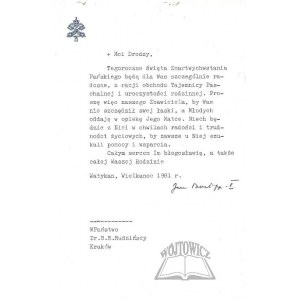 WOJTYŁA Karol (1920 - 2005), metropolita krakowski, od 1978 roku Papież Jan Paweł II., Autograf.