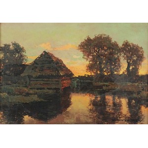 Wiktor KORECKI (1890-1980), Pejzaż z nad jeziora o zachodzie słońca