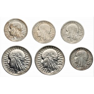 II RP - zestaw 6 sztuk 2 i 5 złotych (1932-1934) Głowa Kobiety