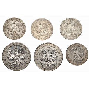 II RP - zestaw 6 sztuk 2 i 5 złotych (1932-1934) Głowa Kobiety