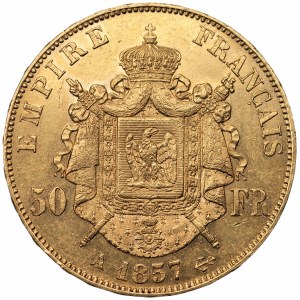 FRANCJA - Napoleon III - 50 franków 1857 Paryż (A) - złoto Au900, 16,11 gram.