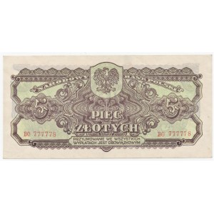 5 złotych 1944 - seria BO, obowiązkowym, ciekawa numeracja 777778