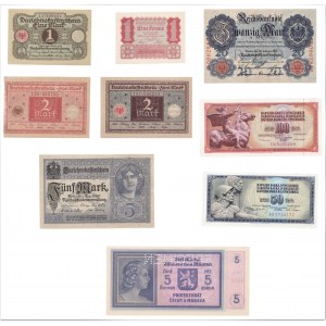 EUROPA - zestaw banknotów 9 sztuk ( Czechy i Morawy, Austria, Niemcy, Jugosławia)