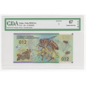 Polimerowy banknot testowy PWPW - Pszczoła Miodna 012 - numeracja JW 0000000 - GDA 67 EPQ