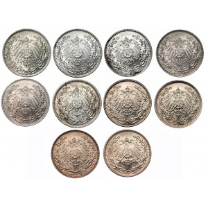 NIEMCY - zestaw 10 sztuk monet 1/2 marki (1905-1918)