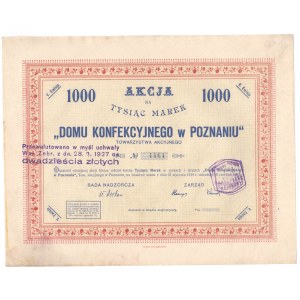 Towarzystwo Akcyjne Domu Konfekcyjnego w Poznaniu - 1000 marek 1921 - V Emisja - UNIKATOWY EGZEMPLARZ